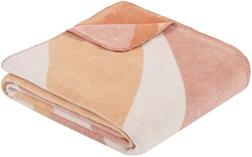 Ibena Dora Decke 150x200 cm - Baumwollmix weich, warm & waschbar, Kuscheldecke orange mit Wellenformen