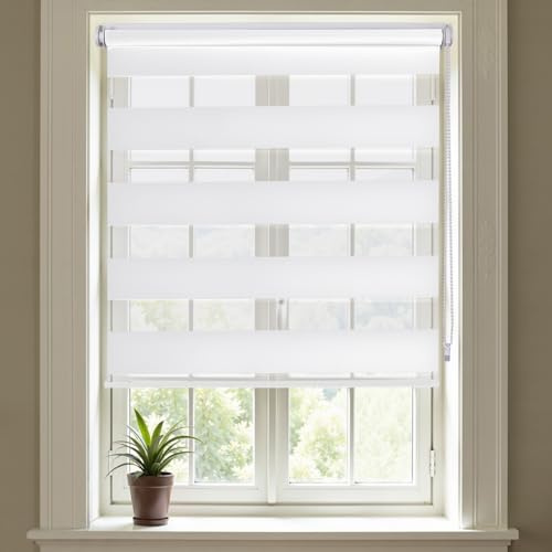 Day and Night Blinds No Drill Zebra Blinds for Windows Stick on No Drilling Easy Fit Roller Blind for Bedroom Kitchen Bathroom Door Window (1, White, 55W x 160H cm)