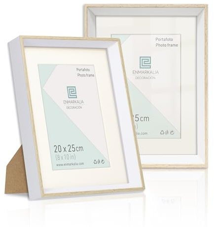 Marco de foto 20x25 cm SIN paspartu y 15x20 cm CON paspartu, pack X2 Uds. Color Blanco - Madera con paspartu, soporte de pie y para colgar (Blanco Madera X2 Uds., 20 x 25 cm), portafoto para colgar