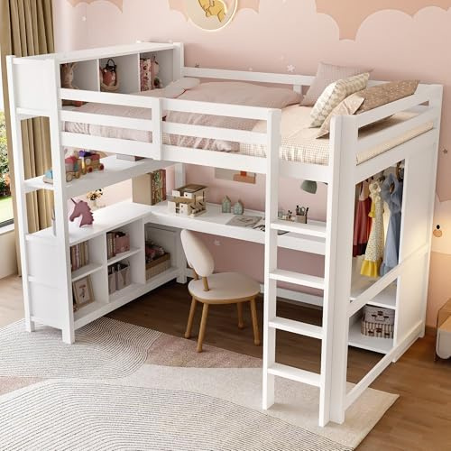 Goldicoo Cama alta para niños de 140 x 200 cm, madera, con escritorio, estanterías y armario, cama de almacenamiento, color blanco