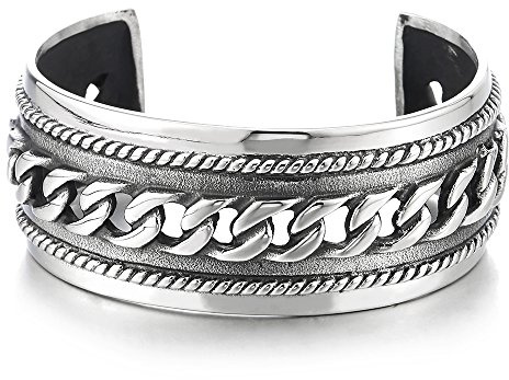 COOLSTEELANDBEYOND Mens Stainless Steel Curb Chain Bangle Bracelelt, Masculine Wide Cuff Bracelet with Braided Border and Antiqued Finish