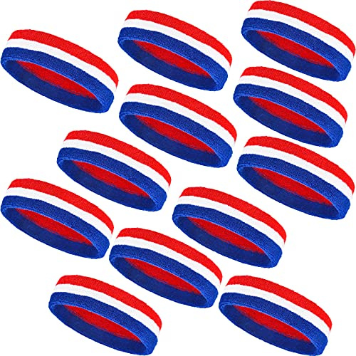 Bememo 12 Pcs Sweatbands Sport Headbands for Men & Women Basketball Headband Sport Competitions Sweat Headbands Running Terry Cloth Moisture Wicking for Yoga,Tennis,Gym,Exercise(Red, Blue, White)