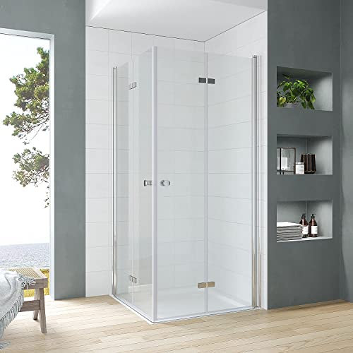 Duschkabine Eckeinstieg 75x70 x 187 cm mit Falttüren Drehfalttüren Schwingtüren Drehtüren Eckdusche Duschwand Glas Duschabtrennung rahmenlos für Duschwanne oder Bodengleiche Dusche Echtglas klar 5 mm
