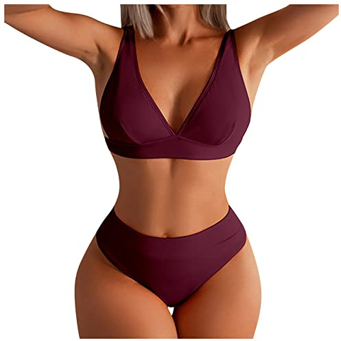 JJPAR Maillot de Bain Taille Haute Sport Femme 2 Pieces Amincissant Gainant Ventre Plat Bresilien Bikini Menstruel Dos Nu Sexy Tankini Shorty Vintage Couleur Unie Pas Cher Plage Vin L