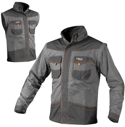 NEO TOOLS Sudadera 2 en 1 para hombre, ropa de trabajo, ropa de trabajo, chaleco, 100% algodón, peso 260 g/m2, mangas desmontables, color gris, gris, XL