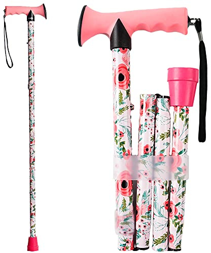 CLOKTA Bastón para Hombres y Mujeres, Plegable, Floral, Ligero, Ajustable, portátil, para Bastones Plegables, cómodo Mango en T para Personas Mayores y Adultos (Rosa Floral)