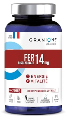 FER BISGLYCINATE 14 mg GRANIONS Immunité et Energie + Vitamines B – Bisglycinate de Fer – Fer Bisglycinate Biodisponibilité Optimale - Femmes Enceintes – 60 Gélules Format 2 Mois –Fabriqué en France
