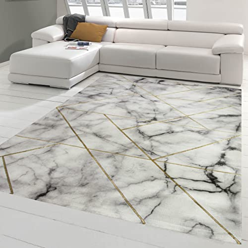 Teppich-Traum Designer Wohnzimmerteppich mit Marmor Optik und edlen Glanzfasern in Grau Gold, 160 x 230 cm