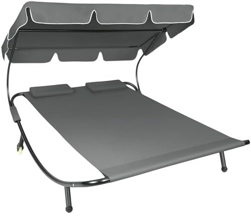 tectake® Tumbona Doble de Jardín, Tumbona de Playa con Parasol Plegable, Tumbonas de Piscina para Dos, para Jardín Exterior con 2 Ruedas y Cojines, Fácil Montaje, Interior y Exterior - Negro/Gris