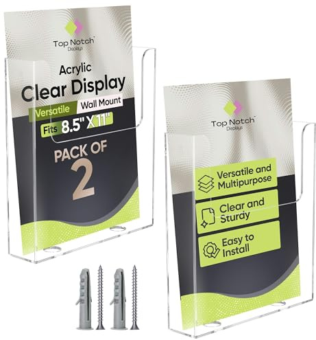 Top Notch Displays Acrylic Brochure Holder for Wall Mounting, Clear Display for 8.5 x 11 Flyers, Literature Holder for Magazines, Pamphlets, Menus, Includes Screws & Plastic Anchors – Pack of 2