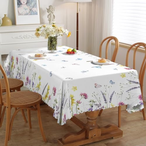 iEvery Floral Lavender Tablecloth Rectangular Wipe Clean Table Cloth Polyester Waterproof Circular Table Cover Wipeable for Home Dinning Kitchen Garden Picnic Patio Party Outdoor, 140x180cm