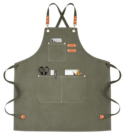 OUNLEN Chef Apron for Men Women Canvas Aprons with 3 Pockets Cross Back Resistant Work Apron for Cooking Grilling Baking BBQ Barber Kitchen (Olive)