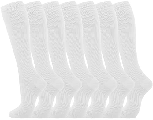 Generisch 2025 - Calcetines de compresión 7 pares para mujeres hombres circulación calcetines hasta la rodilla son el mejor soporte para correr deportivo ciclismo medias azul claro, Blanco, XXL