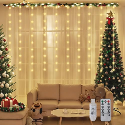 SALCAR Cortina de luces LED con forma de estrella, 50 luces LED para interior con 8 modos de mando a distancia, regulable, USB, iluminación navideña para ventana, para Navidad, fiesta, boda, balcón