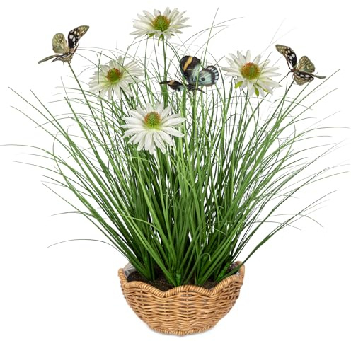 Artificial Plants Indoor with Pot, 17.3 Fake Potted Plants Artificial Onion Grass Plant with Yellow Daisies Flowers and Butterflies Small Faux Plant Indoor for Home Living Room Table Shelf Decor
