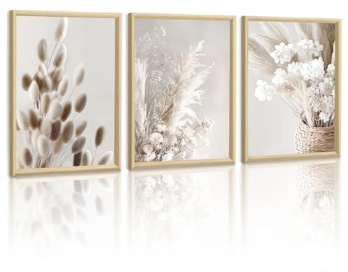 WENGTIAO Toile Peinture Encadré, Beige Florale Tableau Decoration Murale, Esthétique Moderne Boho Minimaliste Fleurs Peinture pour Decoration Murale Salon Maison Couloir Deco Chambre 30x40cmx3