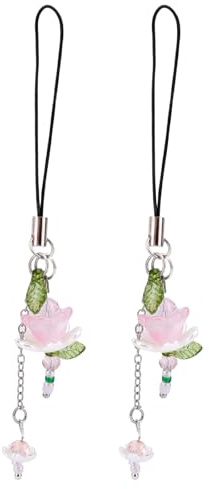 2 St Lotusblomma Mobilrem, Zinklegering Glas Pärlblomma Telefonberlock Estetiska Eleganta Nyckelringsberlocker för Kvinnor Väska Plånbok (Rosa, Svart)