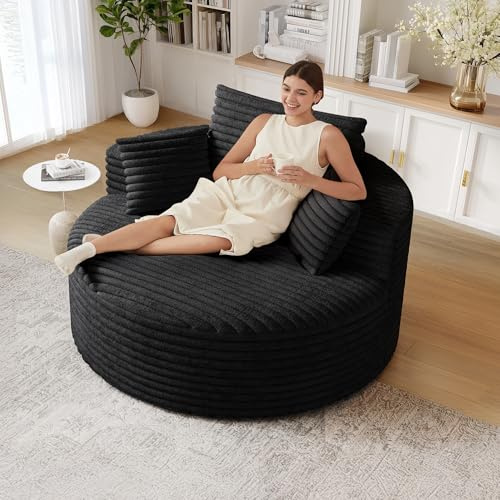 IZLKQC 50 Oversized Round Chaise Lounge Indoor, Upholstered Corduroy Sofa Bed with Deep Seat, Single Circle Sofa Chair for Living Room, No Assembly Required.(Not a Swivel Chair) (Black)