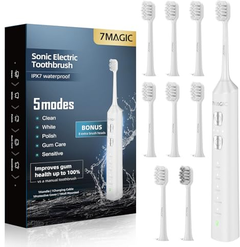 7MAGIC Sonic Electric Toothbrush for Adults and Kids - Up to 180 Days Runtime, 42000 VPM Powered Toothbrush, 5 Modes & 3 Intensities for Sensitive Teeth & Braces, Includes 8 Brush Heads, White