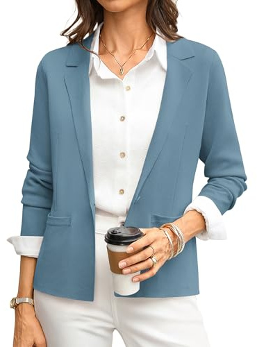 GRACE KARIN Women Blue Sweater Blazer Knit Suit Jackets Short Blazers for Women Business Casual Dressy Spring Outfits L