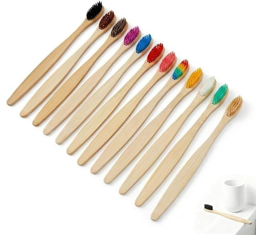 Pack 12 Cepillos de Dientes de Bambú Ecológicos con Cerdas de Carbón Activo Premium, Sin BPA y Sin Plástico, Veganos, Colores Variados Familiar, cepillo dientes bambu, cepillo dientes niño
