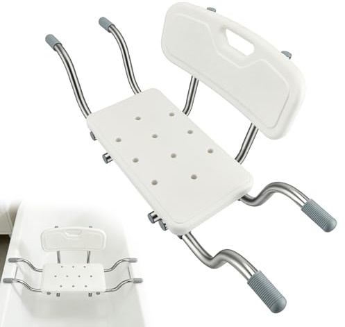 Sedile per vasca da bagno per anziani con schienale, regolabile (77 – 87 cm), portata fino a 150 kg, piedini in gomma antiscivolo e maniglie, senza attrezzi, colore: bianco