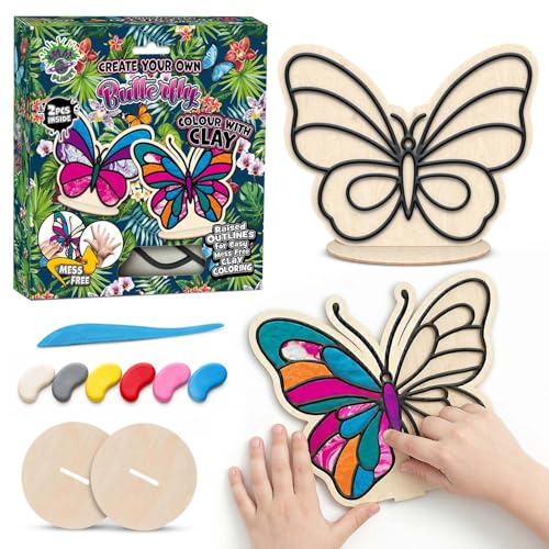 Splat Planet Kit de modelage papillon à colorier pour enfants. Kit de loisirs créatifs 3D (2 pièces) avec pâte à modeler auto-durcissante, coloriage sans dégâts, cadeau pour les enfants.
