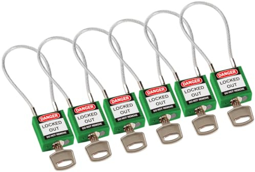 Brady Compact Cable Padlock 6-pack - Lockout Tagout Security Lock - Safety Padlock with Nylon Body and Sheathed Steel Cable - Keyed Alike - 32mm x 35mm x 16mm - Cable Length 200mm, Green