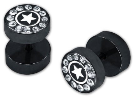 SoulCats 2 Fakeplugs Stern Sterne Straß Edelstahl Zirkonia Fake Plug Tunnel Piercing, Farbe: Schwarz