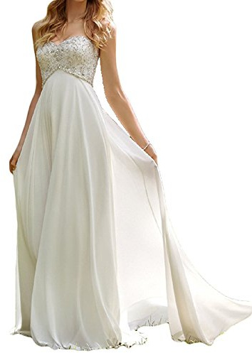 Dresses Onlie - Vestido de novia para mujer, de gasa, sin tirantes, con cuentas largas, para playa, vestido de noche, color marfil-38