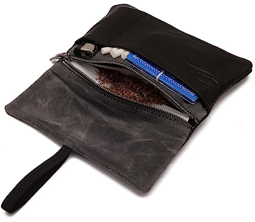 SIMARU Leder Tabaktasche aus pflanzlich gegerbtem Premium Leder, Tabakbeutel mit Filter- und Paperfach, Drehtabak Tasche 30g (schwarz)