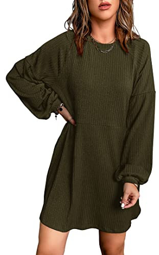 Basicspace Armeegrün Damenkleider Lässiges Langarmkleid Puffärmel Strickkleid mit Taschen Kleider für Damen Party(S,Armeegrün)