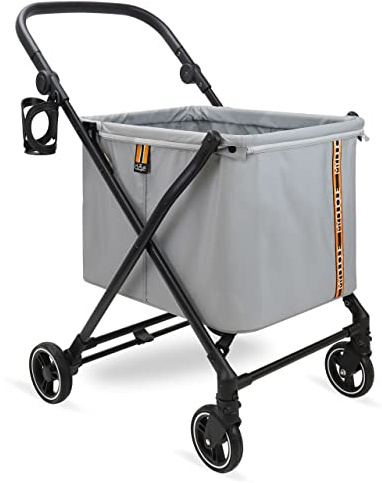 My Duque Max Shopping Caddy - Carro de la compra personal, plegable con 4 ruedas, suspensión, ajuste de altura, freno de pie, soporte para bebidas y diseño moderno, soporta hasta 25 kg, color gris