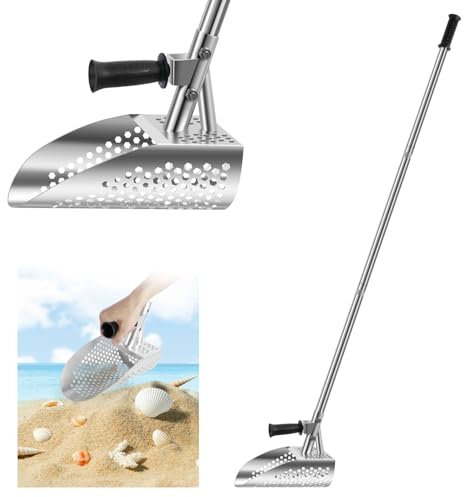 Pala de arena para detección de metales, pala de detección de metales resistente con mango largo extraíble de acero inoxidable 304, pala de playa a prueba de óxido para tamizar arena, playa, caza de