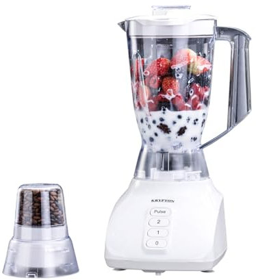 Krypton 2 in 1 Food Jug Blender | 1.6L Electric Blender Smoothie Maker Jar & 50g Mini Coffee Spice Mill | Stainless-Steel Blades with 2 Speed & Pulse Option | Overheat Protection | 650W, White