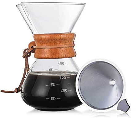 Verser Over Cafetière en verre sans papier avec filtre en acier inoxydable réutilisable avec manchon en bois 414 ml