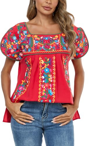 Mexican Shirts for Women Embroidered Tops Traditional Peasant Summer Tunic Blouse (L, E522R)