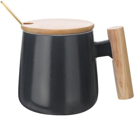 QUARKZMAN 12.85 Oz Taza de Café de Cerámica con Asa de Madera Simple, Taza de Té Grande Hecha A Mano, Juego de Regalo de Tazas de Cerámica con Tapa y Cuchara para Oficina Cocina Hogar, Negro