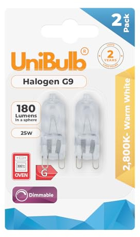 Unibulb Halogen G9 300℃ Heat Tolerant Chandelier/Oven/Microwave Capsule Light Bulb 180lm 25W 2800K (Warm White), 2000hr Life, Pack of 2