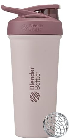 BlenderBottle Strada Sleek Shaker Cup Insulated Stainless Steel Water Bottle with Wire Whisk, 25-Ounce, Red/Tan (Sahara Sunset)