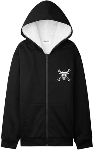 One Piece Sudadera Cremallera Niño y Chico con Bolsillos, Chaqueta Forro Sherpa con Capucha, 9-16 Años, Regalos de Anime (11-12 Años, Nero)