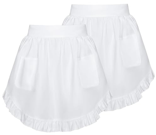 Hftjtsa 2 Pcs Womens White Waist Apron with Pockets Vintage Half Apron Maid Outfit for Waitress Servant Halloween Cosplay