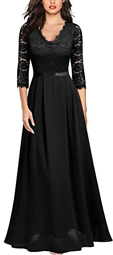 Maxi abito da sera lungo in pizzo floreale formale da donna con maniche a 2/3 (Nero,XXL)