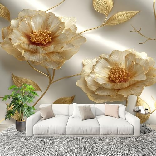Générique Moderne Art Fresque Papier Peint 300x210cm Fleurs En Relief DoréEs Poster mural intissé Décoration Murale Blanc pour Fresque Murale 3D HD pour Salon Chambre Cuisine