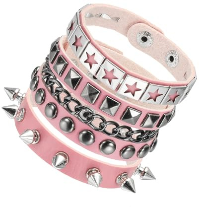 sourcing map 3Pcs Rock Punk Studded Leather Bracelet Set, 8.7/22cm Goth Spiked Cuff Wristband Adjustable Bracelets for Emo Grunge Accessories Halloween Party Favors, Pink