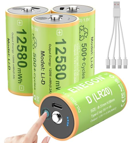ENEGON Batterie Ricaricabili a D, 4 Pezzi, 1,5 V, Tipo C (5 V Ricarica), 12580 mWh, LR20 con Indicatore di Carica, con Cavo di Ricarica da 1 a 4, Per Lampade Campeggio, Radio, Giocattoli