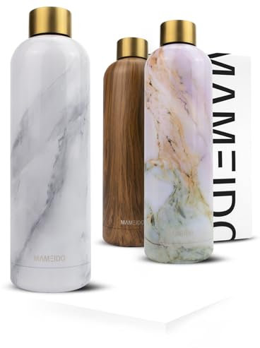 MAMEIDO Insulated Water Bottle 500ml - Leak-Proof 18/8 Stainless Steel Thermo Flask (White Marble Gold, 0,5l)