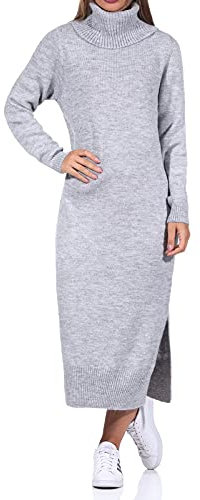 ONLY Damen Langes Strickkleid | Langarm Midi Pullover Dress | Rollkragen Sweater mit Schlitz ONLBRANDIE, Farben:Grau, Größe:XS