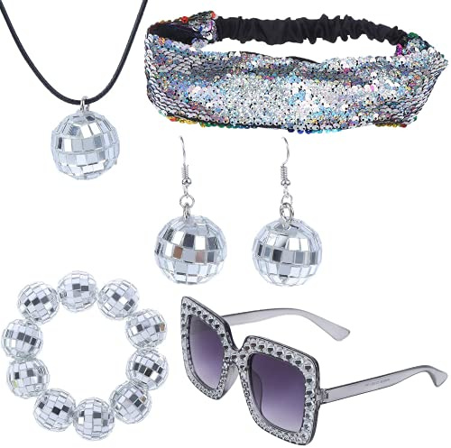 5 Stück 1970er Discokugel Spiegelkugel Schmuck Set Party Ohrringe Halskette, Metallische Discokugel Weiß Halskette Armband Damen Glitzer Haarbänder Pailletten Stirnband Diamant Sonnenbrille