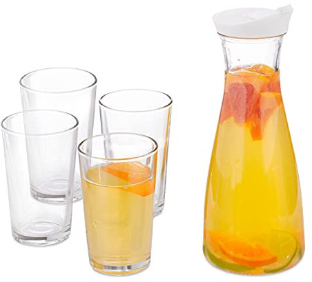 Relaxdays Set Jarra de Vidrio con Vasos, Garrafa Cristal con Tapa y Boquilla, 1 Litro, 4 Vasitos de 220 ml, Transparente, 5 Piezas